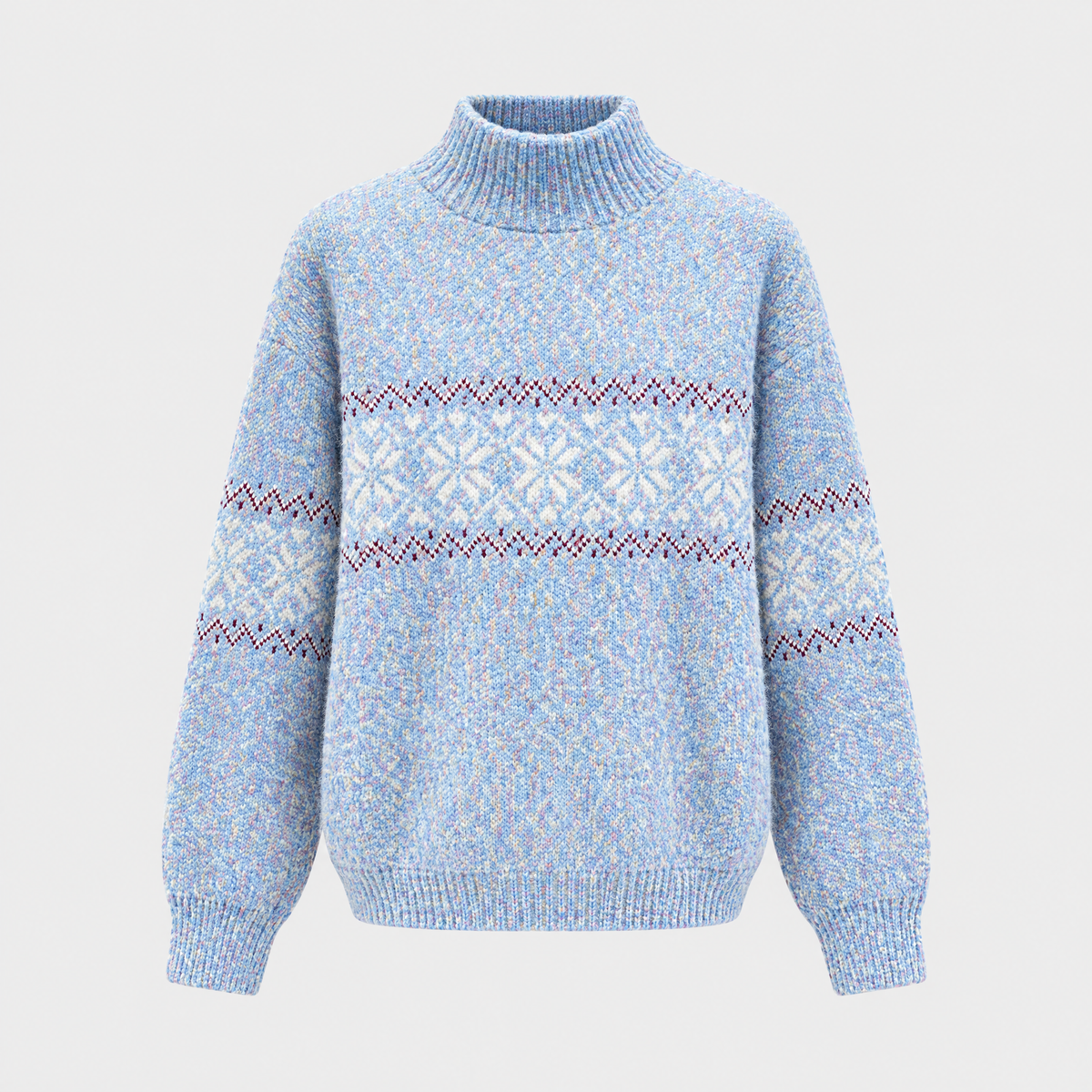 Women's Snowflake-Pattern Knit Sweater, High Neckline | Winter Print, Relaxed Fit | Pink, Beige, Blue or Gray | M–2XL