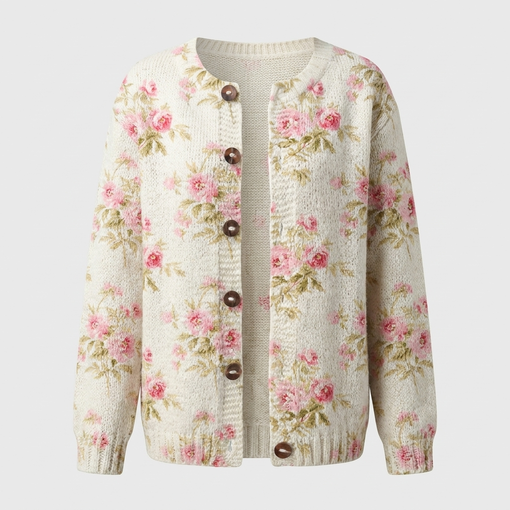 Solvira | Women's Floral Knit Button-Up Cardigan — Chunky Rose Print Layer with Wooden Buttons | Westmere