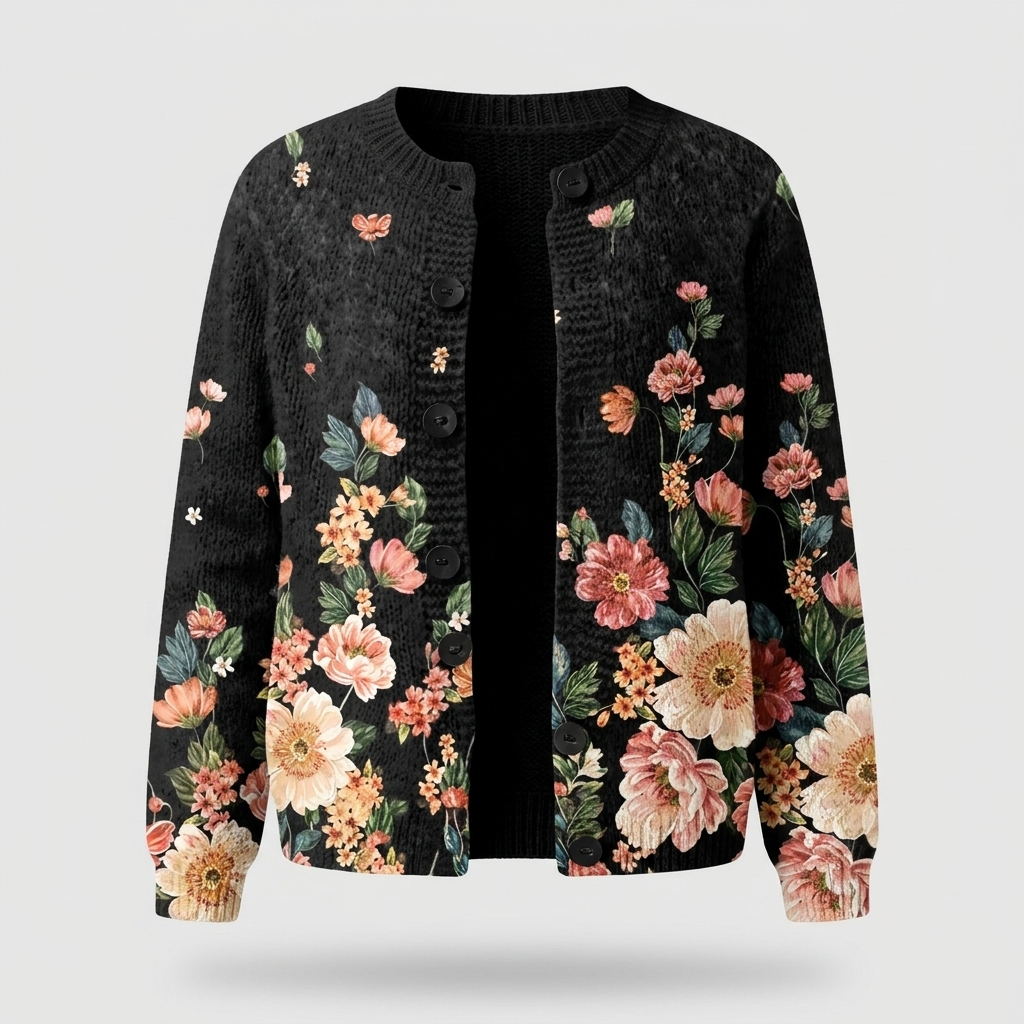 Thessaly | Women's Floral Print Button-Front Cardigan — Botanical Knit on Dark Base Layer | Westmere