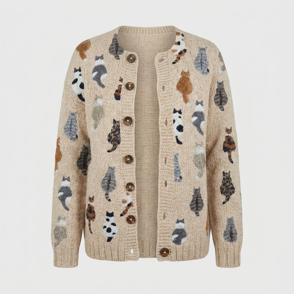 Solvara | Women's Cat Print Button-Front Cardigan — Novelty Knit Layer with All-Over Print | Westmere