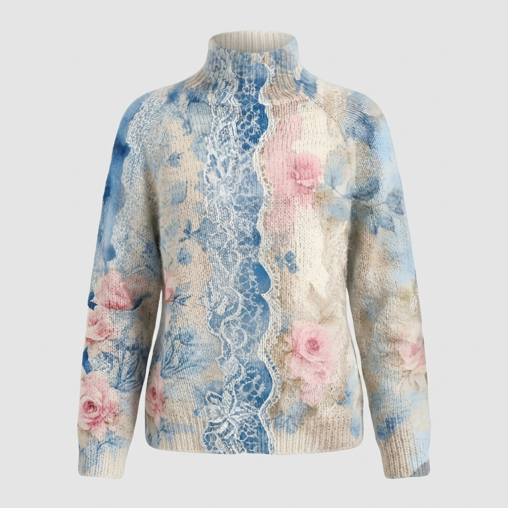 Thessaly | Women's Floral Print Turtleneck Sweater — Watercolor Rose Knit with Center Lace Trim | Westmere