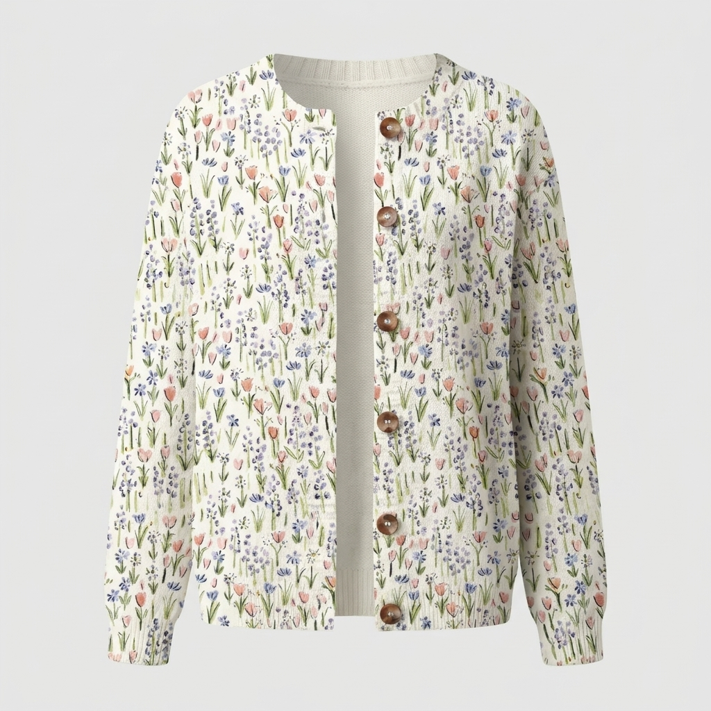 Calveth | Women's Floral Print Button-Front Cardigan — Garden Bloom Knit on Ivory Ground | Westmere