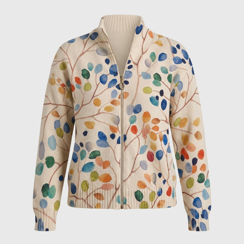 Orvella | Women's Botanical Print Zip-Up Cardigan — Watercolor Leaf Ribbed Knit with Mock Neck | Westmere