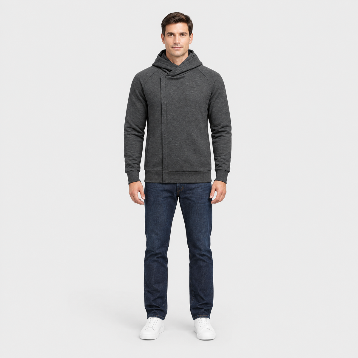 Jared Mens Crossover Zip Hoodie in Gray, front view on model