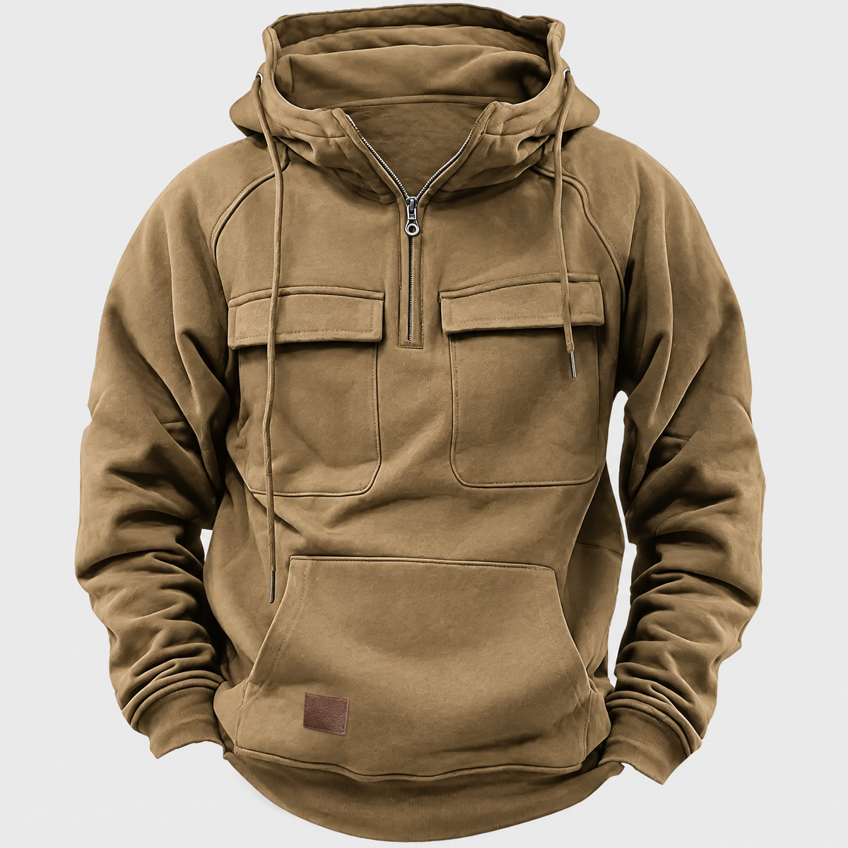Scott Mens Half-Zip Hoodie with Chest Cargo Pockets in Khaki
