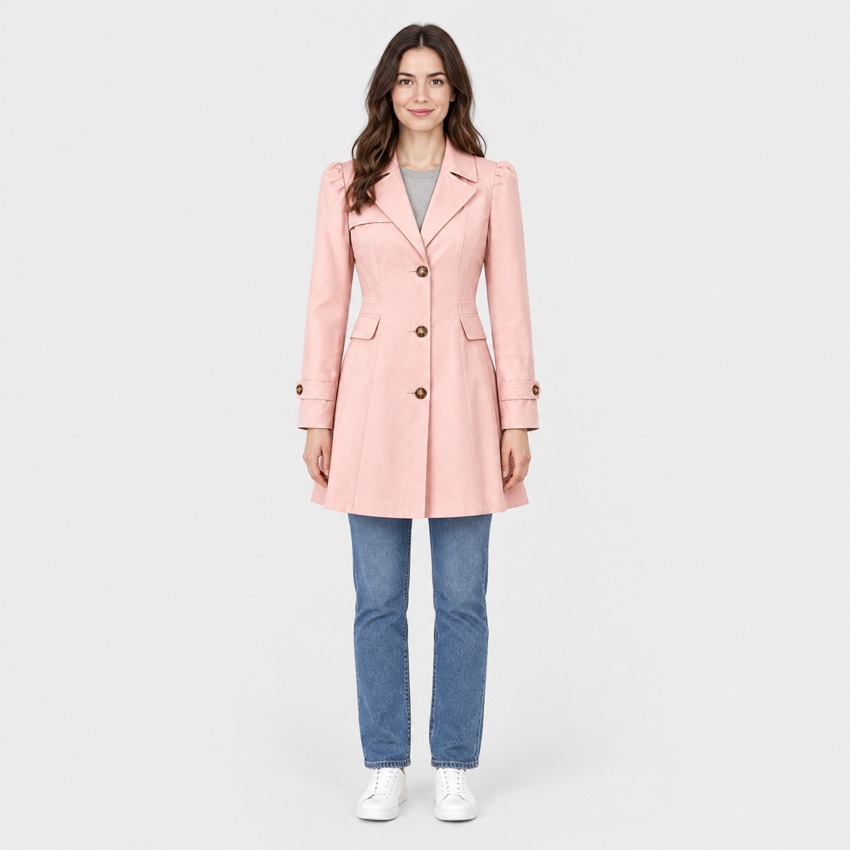 Claren Womens Water-Resistant Trench Coat in Pink, front view on model