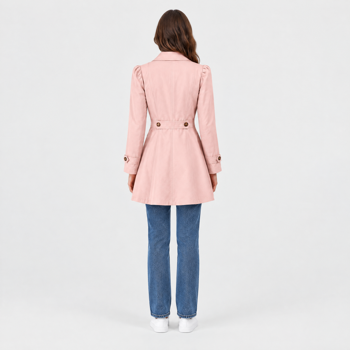 Claren Womens Water-Resistant Trench Coat in Pink, back view on model