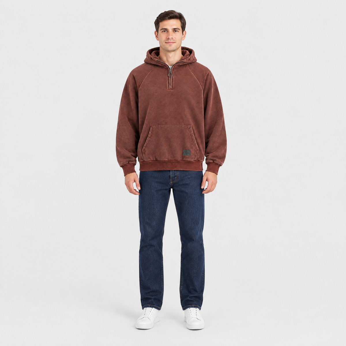 Derek Mens Cotton Quarter-Zip Hoodie in Burgundy, front view on model