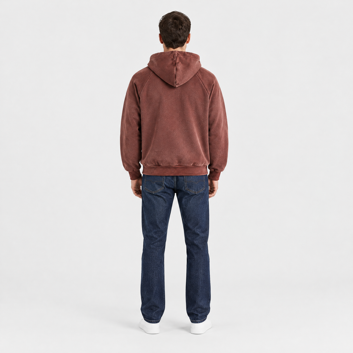 Derek Mens Cotton Quarter-Zip Hoodie in Burgundy, back view on model