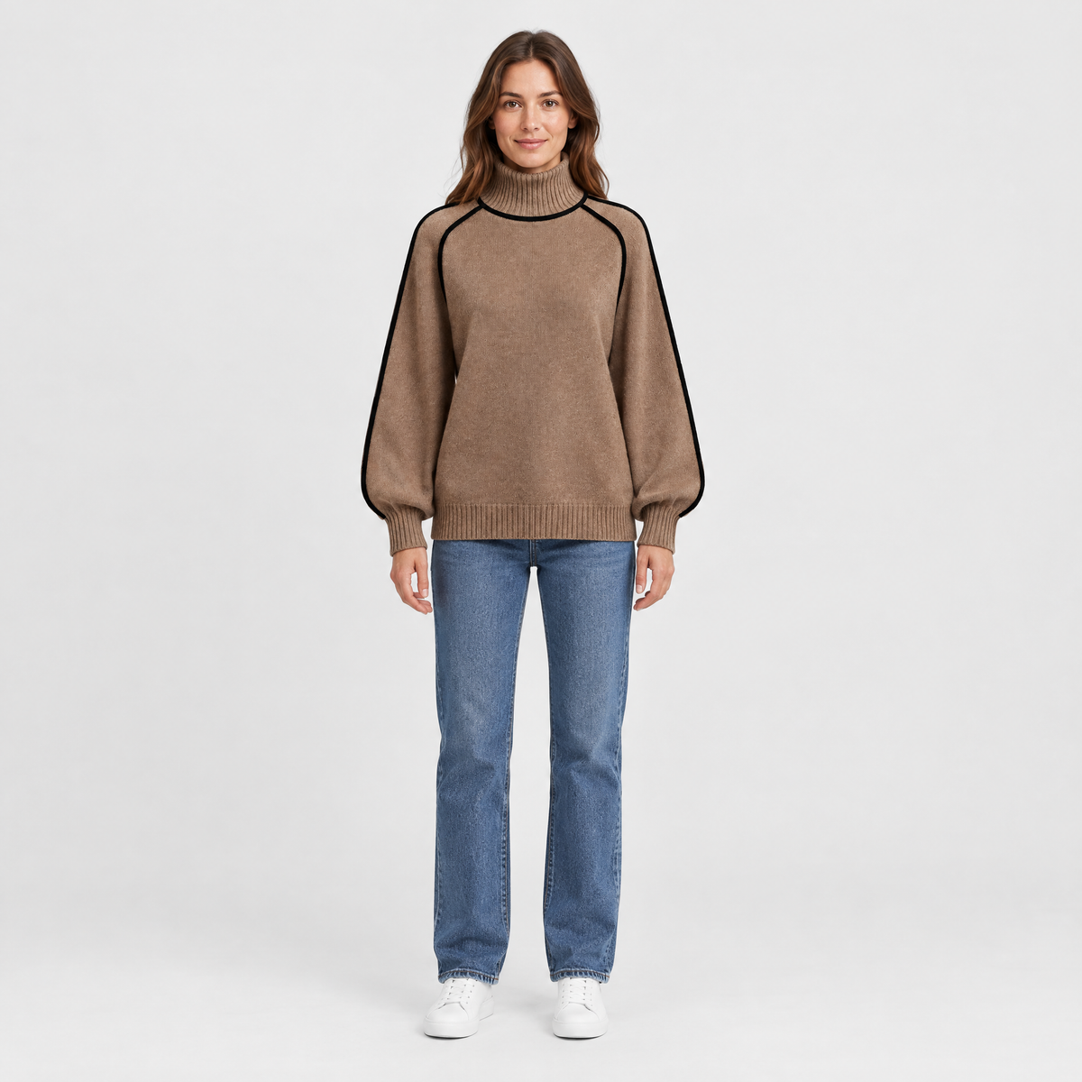 Anabella Womens Wool Cashmere Blend Turtleneck Sweater in Mocha Brown, front view on model