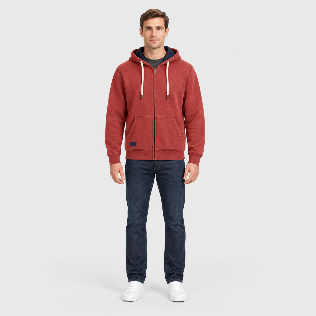 Corey Mens Heavyweight Full-Zip Hoodie in Brick Red, front view on model