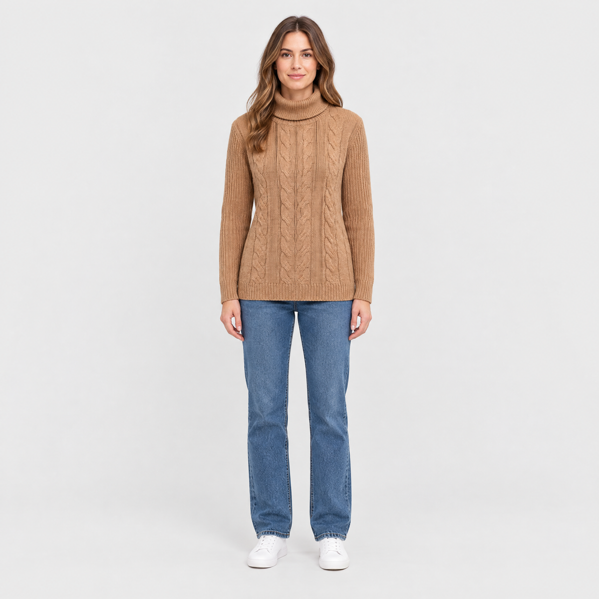 Catherine Womens Cable Knit Turtleneck Sweater in Apricot, front view on model