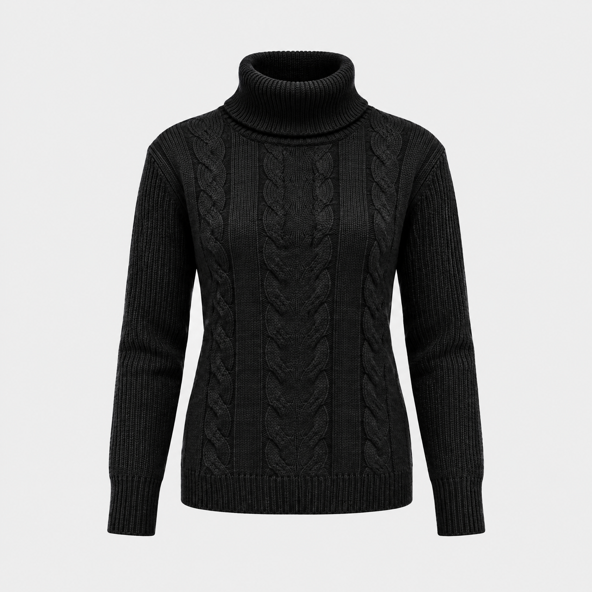 Catherine Womens Cable Knit Turtleneck Sweater in Black