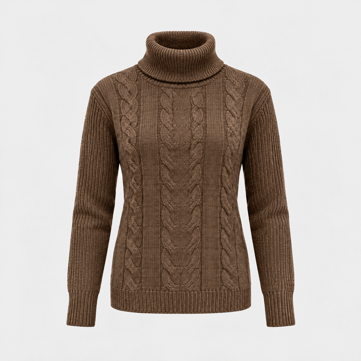 Catherine Womens Cable Knit Turtleneck Sweater in Brown
