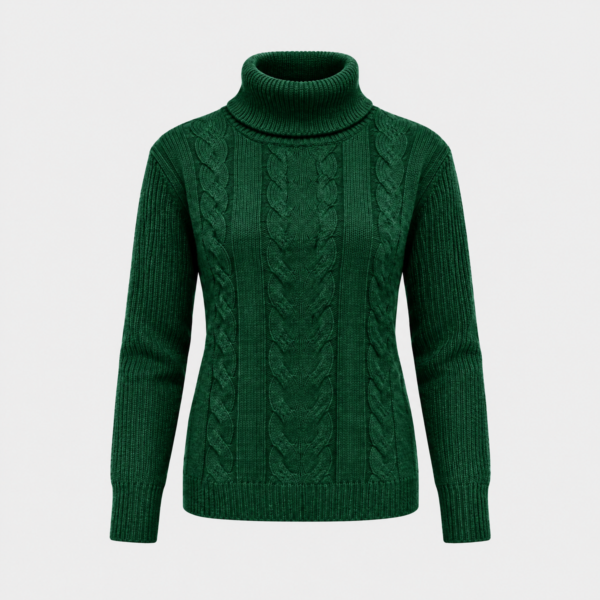 Catherine Womens Cable Knit Turtleneck Sweater in Dark Green