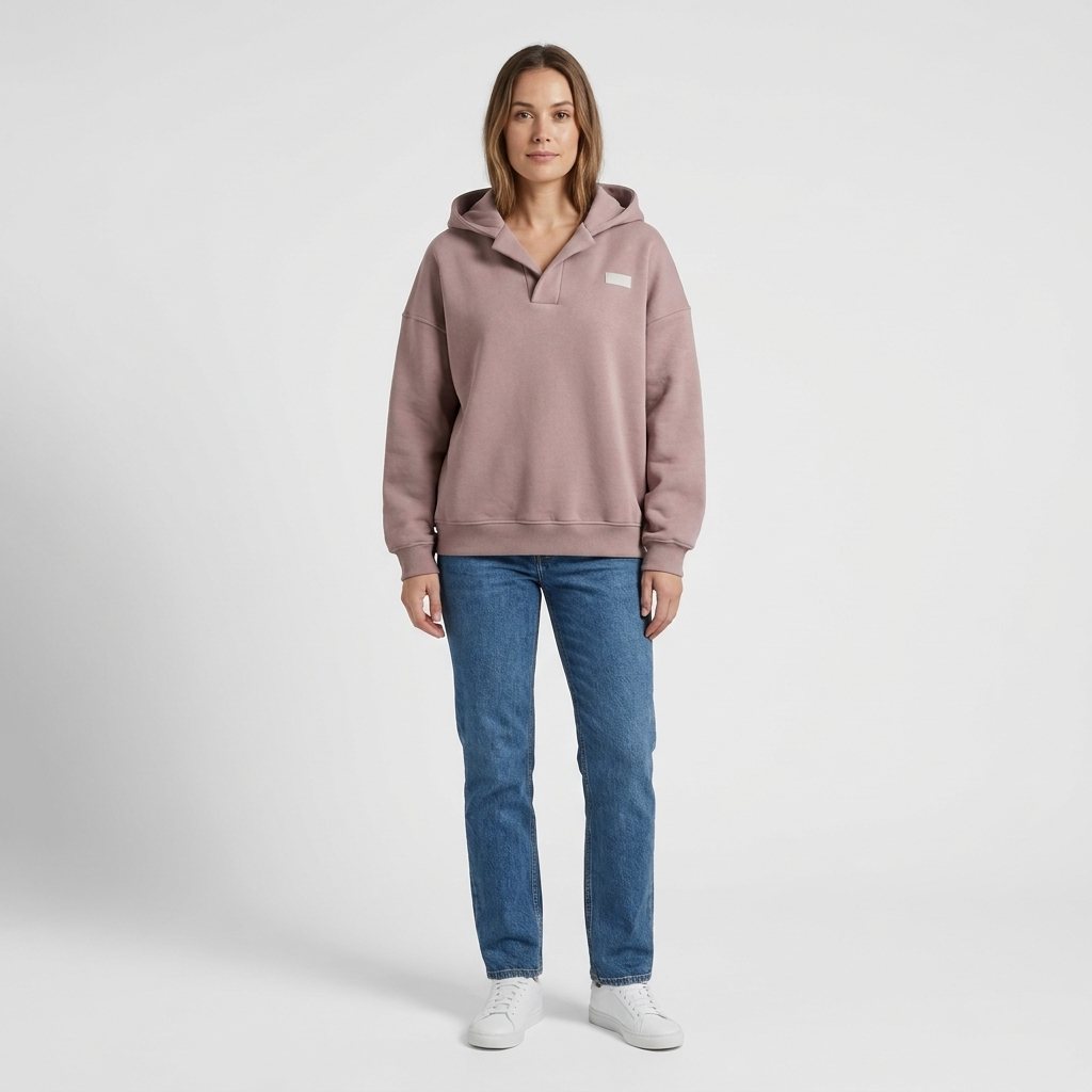 Melanie Womens Oversized Hoodie with V-Neck in Pink, worn, front view