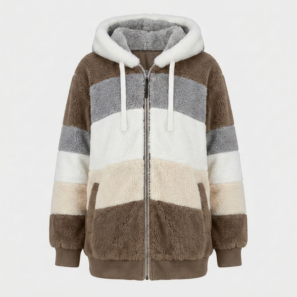 Christa Womens Oversized Hooded Jacket with Color Block Design in Brown