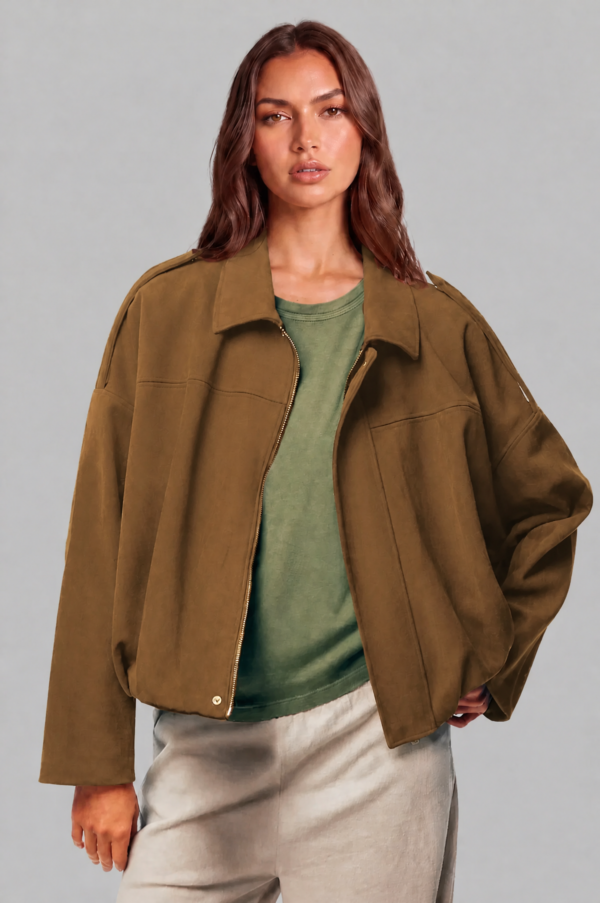Jean Womens Oversized Suede Jacket, Cropped in Khaki