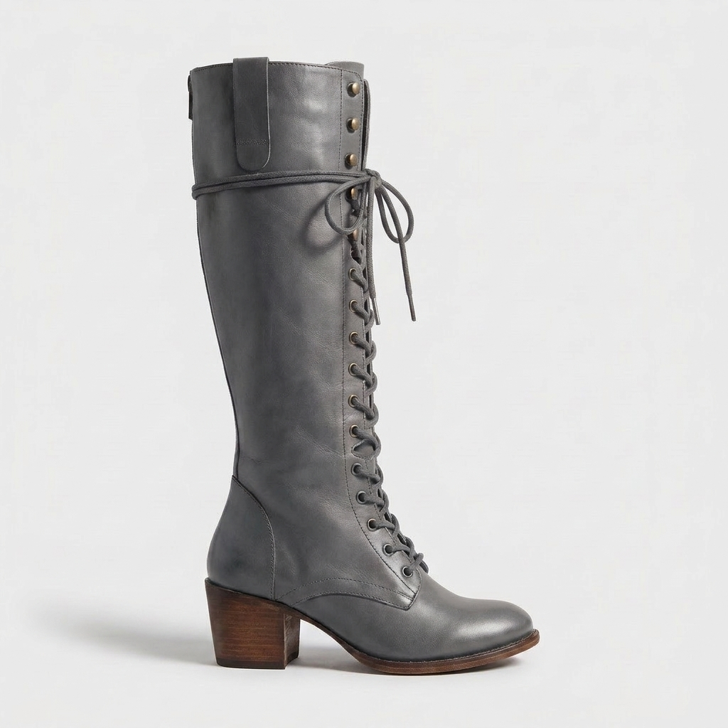Jane Womens Leather Boots Lace-Up with Side Zipper in gray