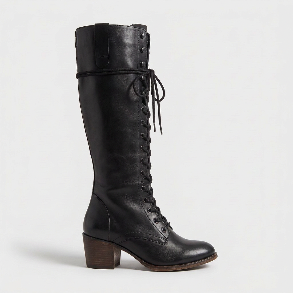 Jane Womens Leather Boots Lace-Up with Side Zipper in black