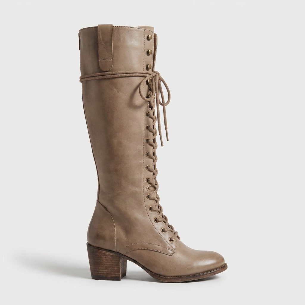 Jane Womens Leather Boots Lace-Up with Side Zipper in khaki