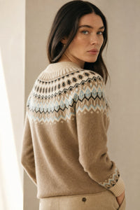 Carrie | Womens Fair Isle Cashmere Sweater with Mock Neck | Jacquard Knit Pattern, Standard Fit | Camel, Pink, Sky S-XL