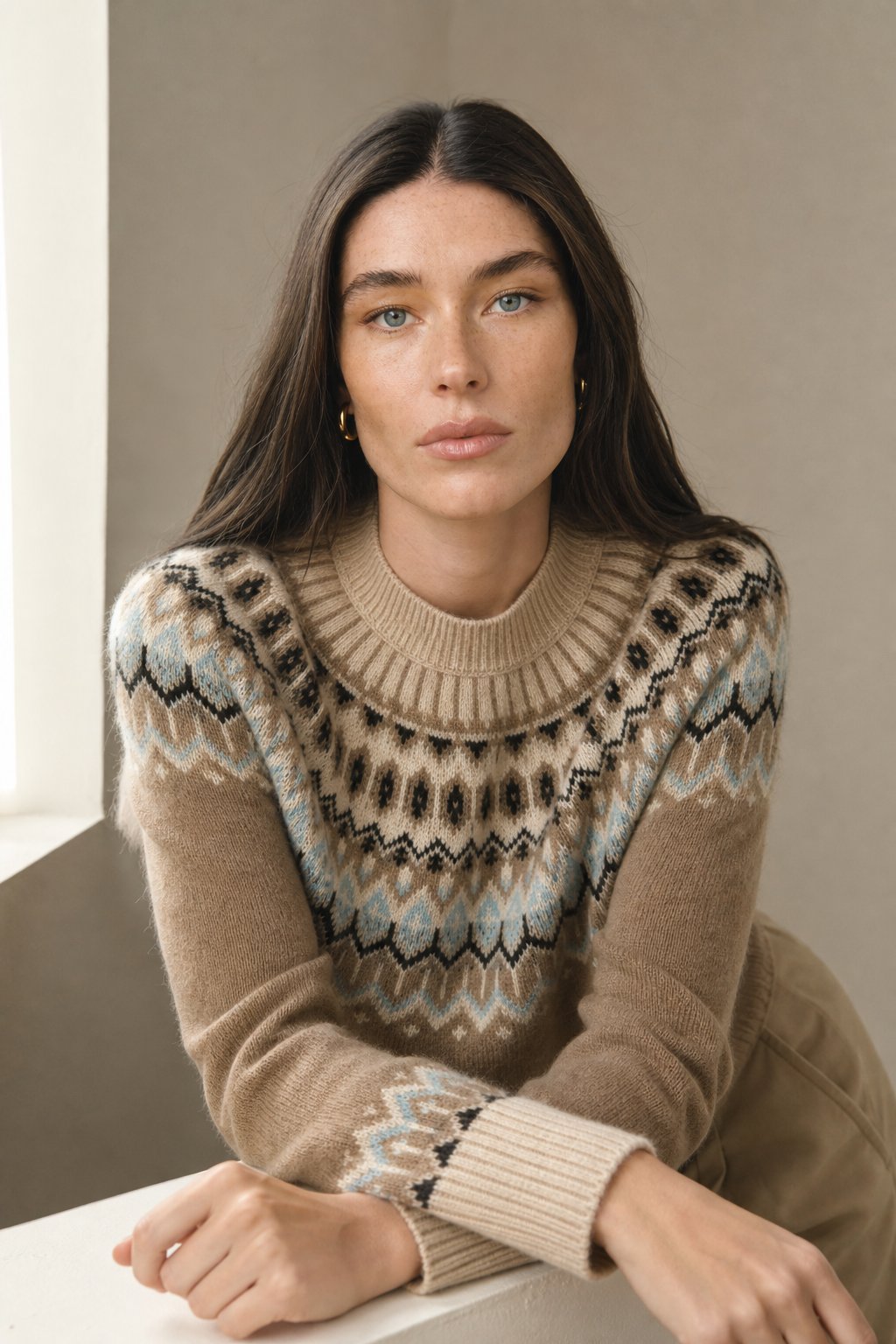 Carrie Womens Fair Isle Cashmere Sweater with Mock Neck in Camel