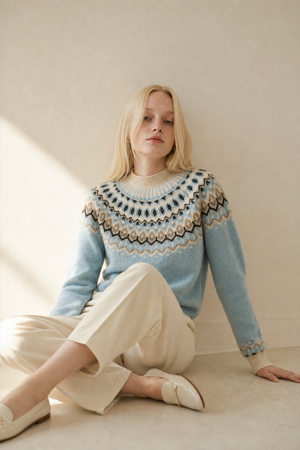 Carrie Womens Fair Isle Cashmere Sweater with Mock Neck