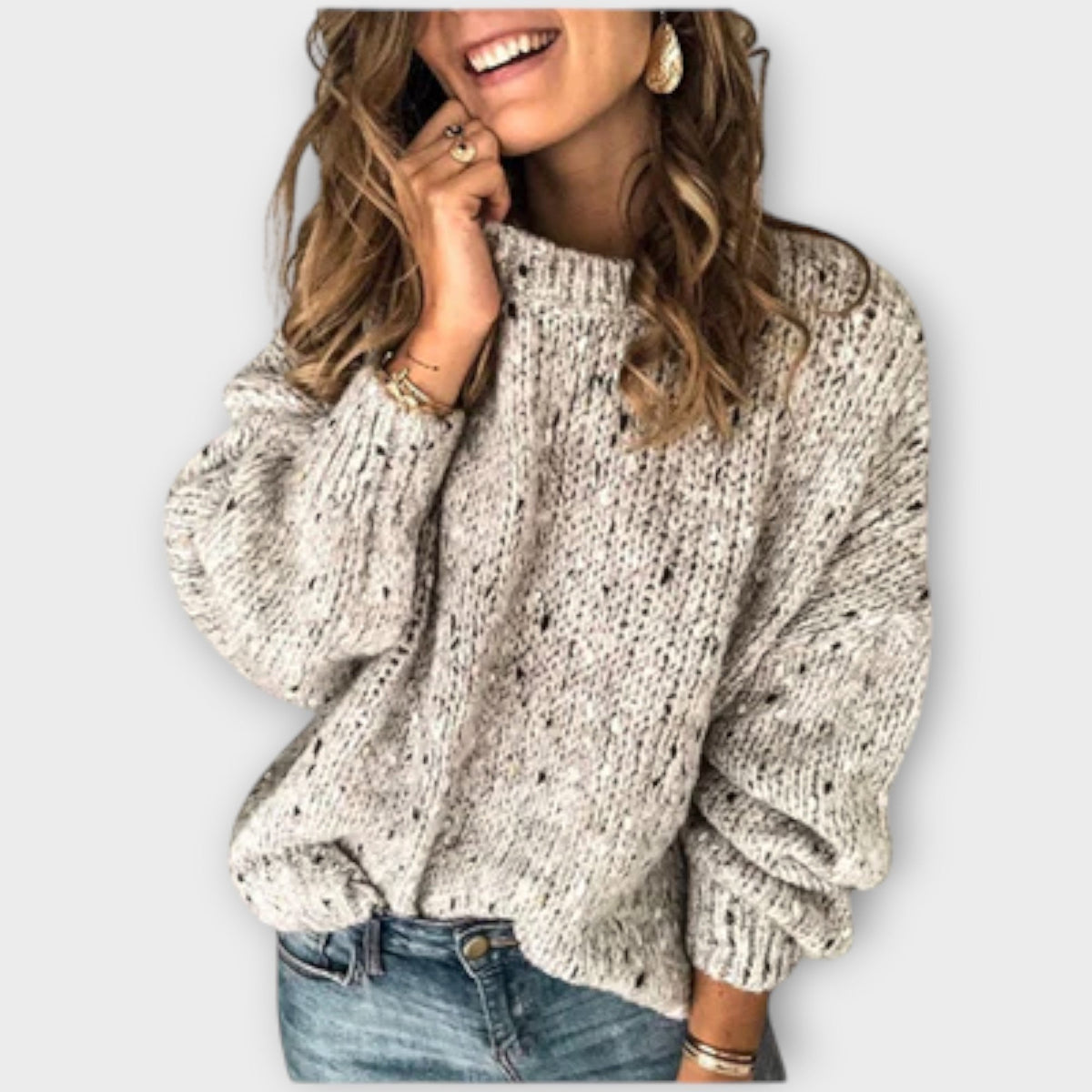 Women's Oversized Chunky Knit Sweater, Mock Neck | Balloon Sleeves, Speckled Open Weave | Beige, Gray or Blue | XS–3XL