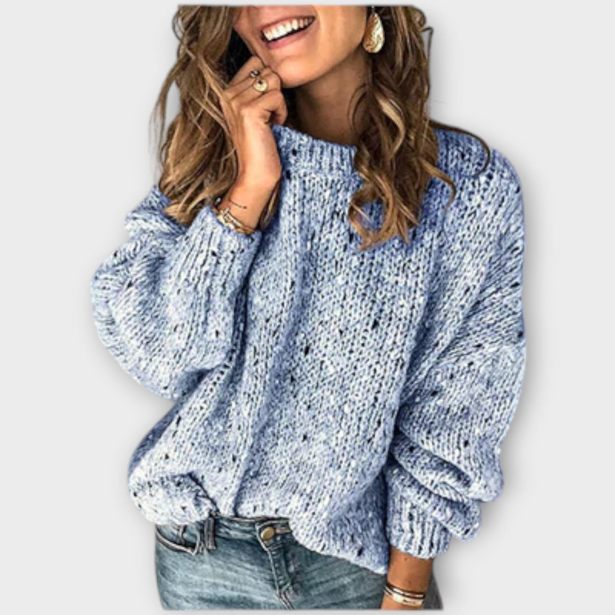 Women's Oversized Chunky Knit Sweater, Mock Neck | Balloon Sleeves, Speckled Open Weave | Beige, Gray or Blue | XS–3XL