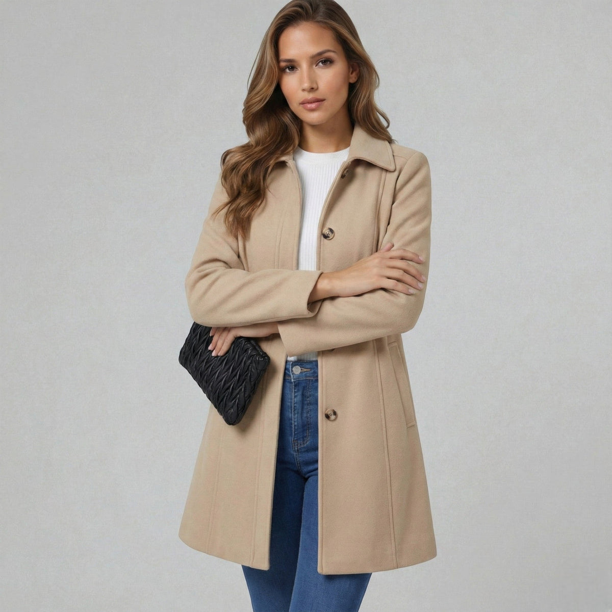 Josephine Womens A-Line Winter Coat with Button Placket in Cream White