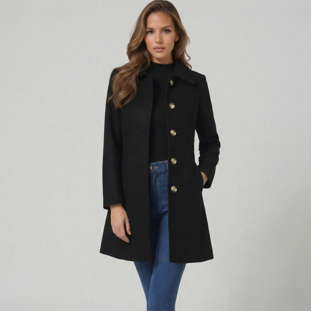 Josephine Womens A-Line Winter Coat with Button Placket in Black