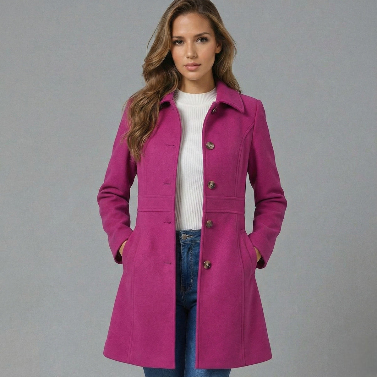 Josephine Womens A-Line Winter Coat with Button Placket in Pink