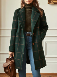 Julie | Womens Wool Blend Check Coat with Lapel Collar | Tweed Texture, Lined | Dark Green or Gray Sizes S-5XL