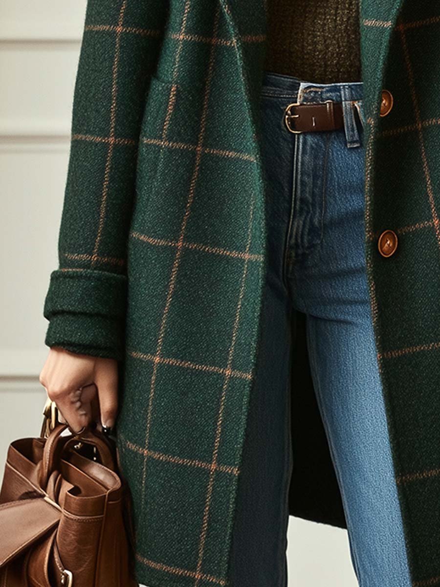 Julie Womens Wool Blend Check Coat with Lapel Collar