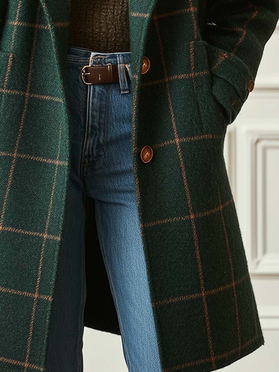 Julie Womens Wool Blend Check Coat with Lapel Collar