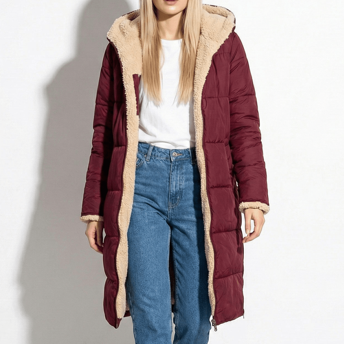 Kaela Womens Long Quilted Winter Coat in Red