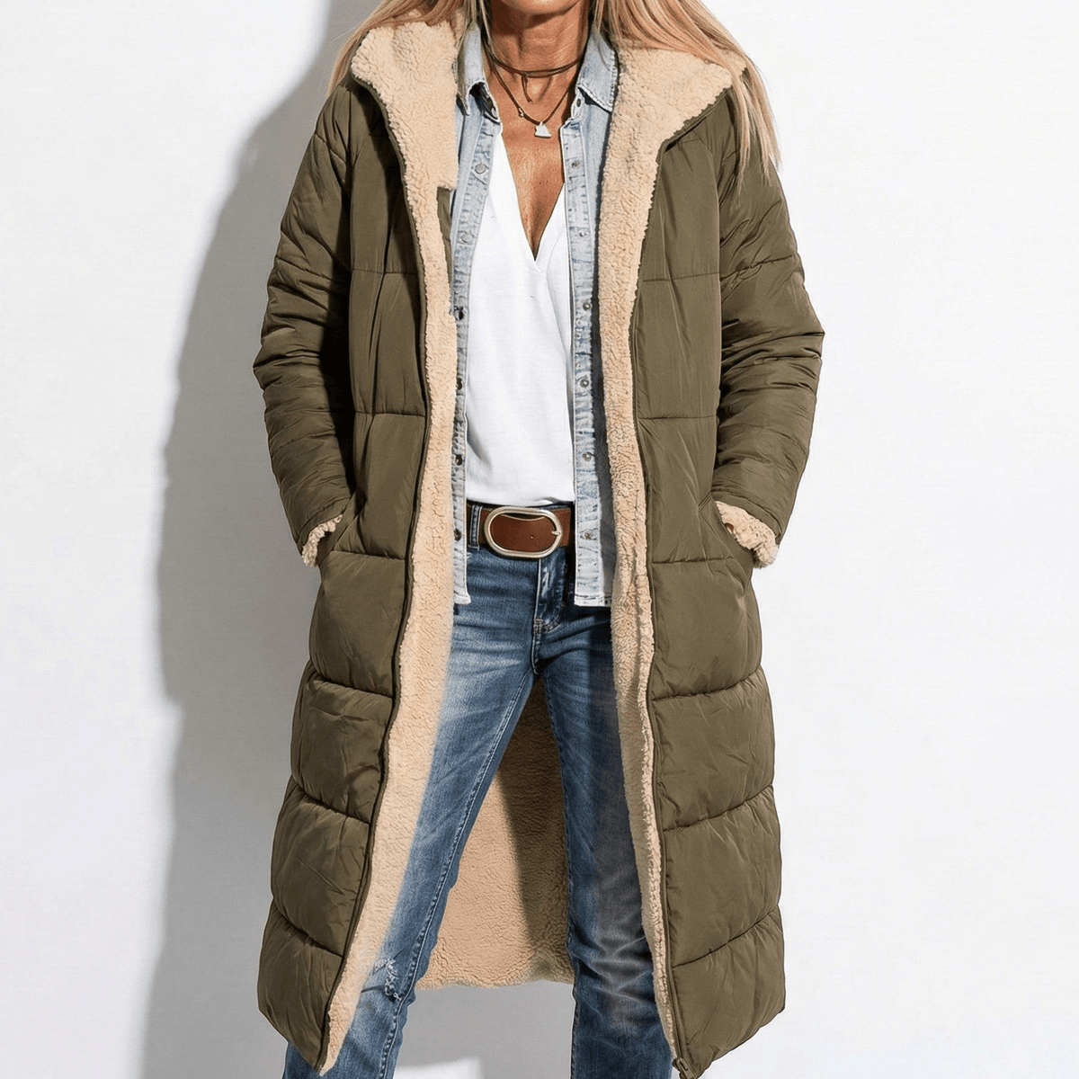Kaela Womens Long Quilted Winter Coat in Olive Green