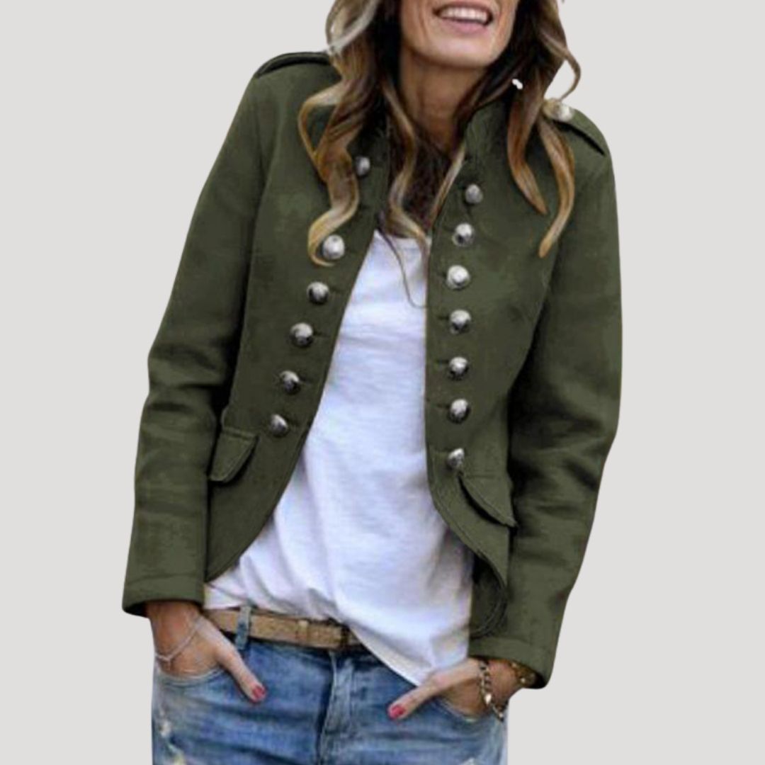 Women's Double-Breasted Military Cropped Jacket | Stand Collar, Silver Buttons, Epaulettes | 5 Colorways | S–5XL