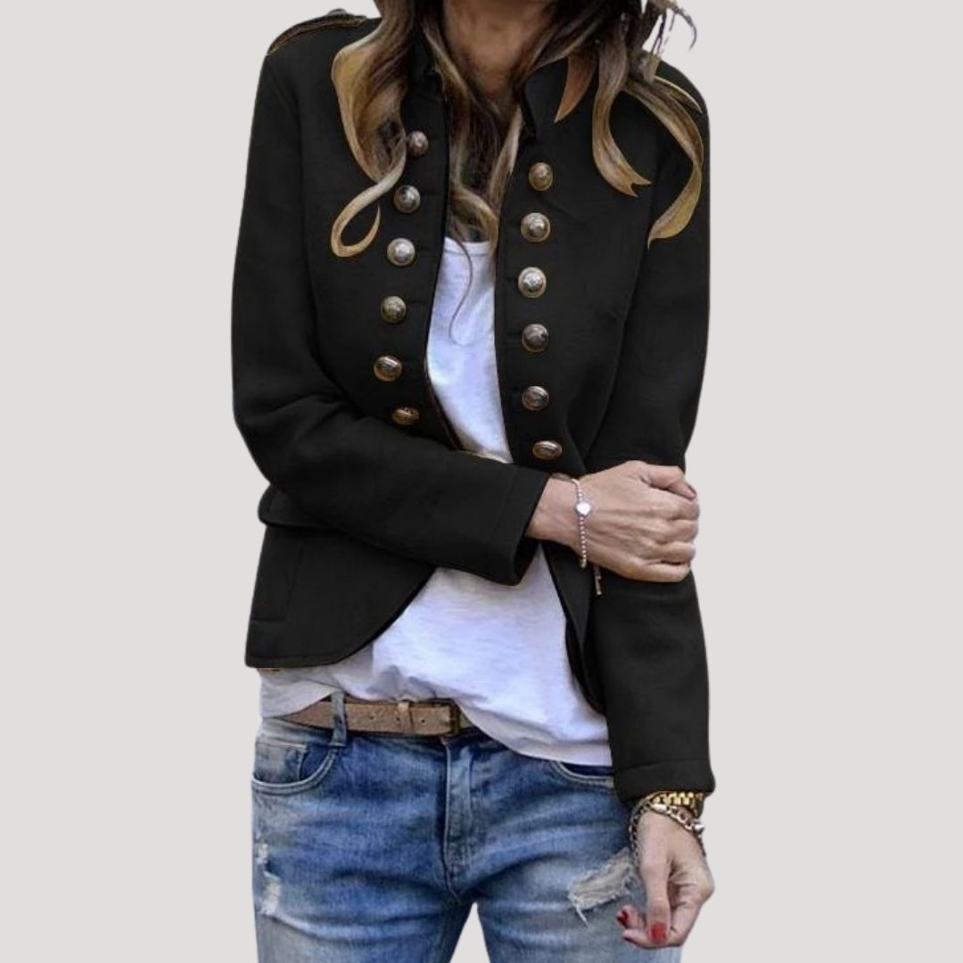 Women's Double-Breasted Military Cropped Jacket | Stand Collar, Silver Buttons, Epaulettes | 5 Colorways | S–5XL