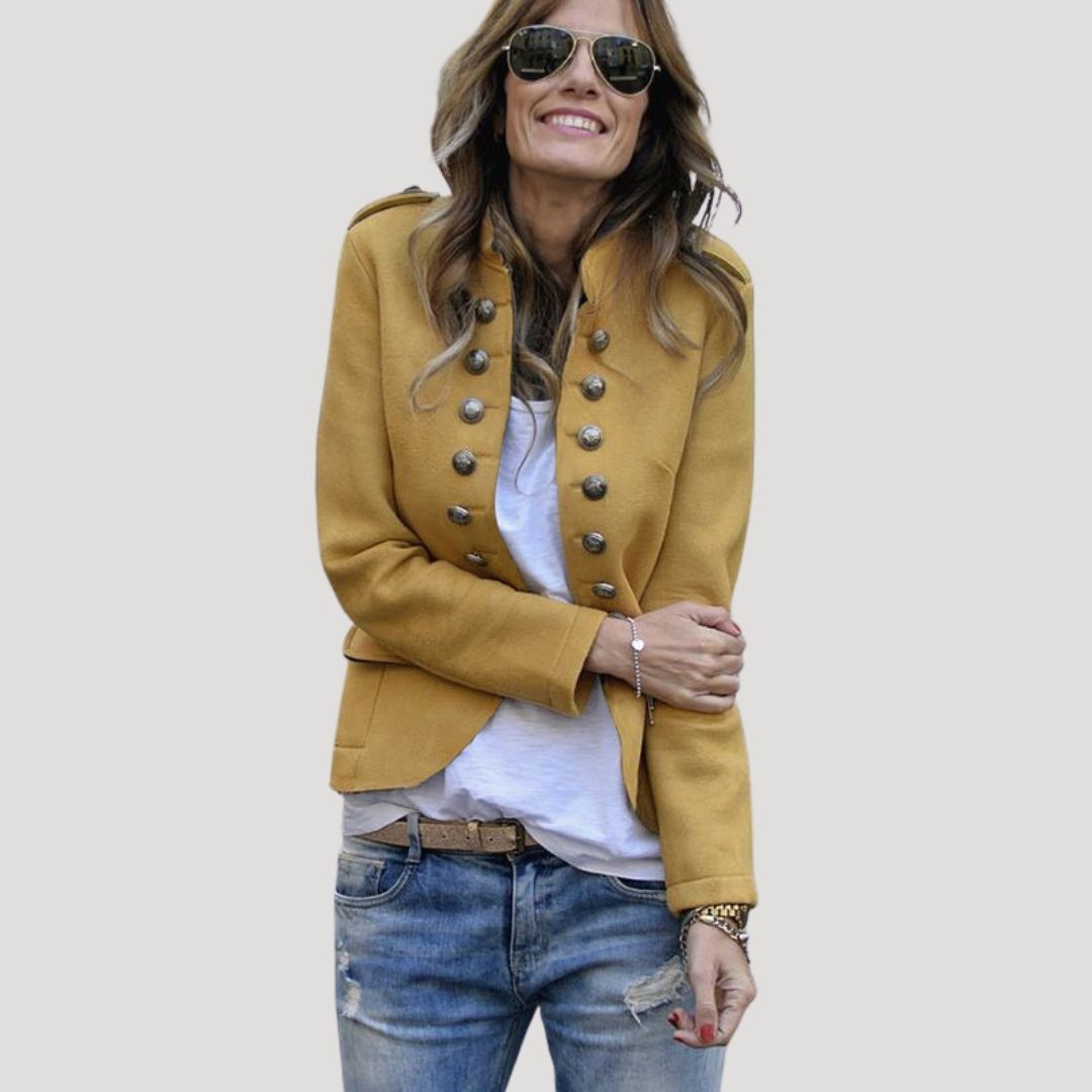 Women's Double-Breasted Military Cropped Jacket | Stand Collar, Silver Buttons, Epaulettes | 5 Colorways | S–5XL