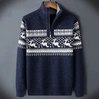 Daniel | Mens Fair Isle Half-Zip Sweater | Stand Collar, Ribbed Knit, Long Sleeves | Blue, Red and White S-2XL