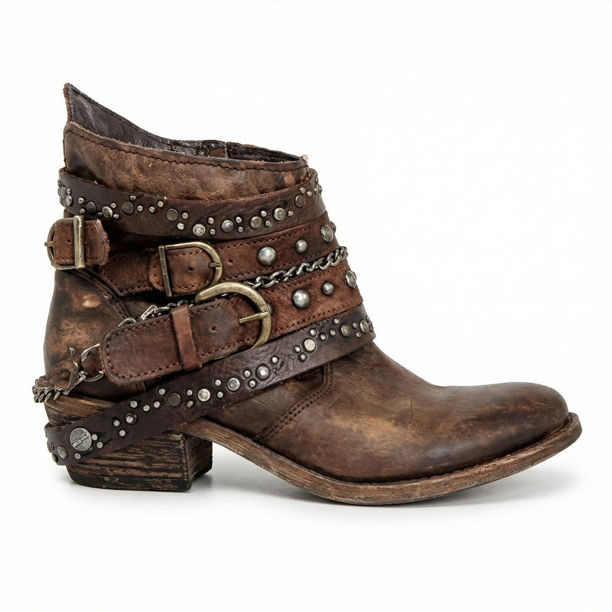 Kelly Womens Studded Leather Ankle Boots with Buckles in Brown