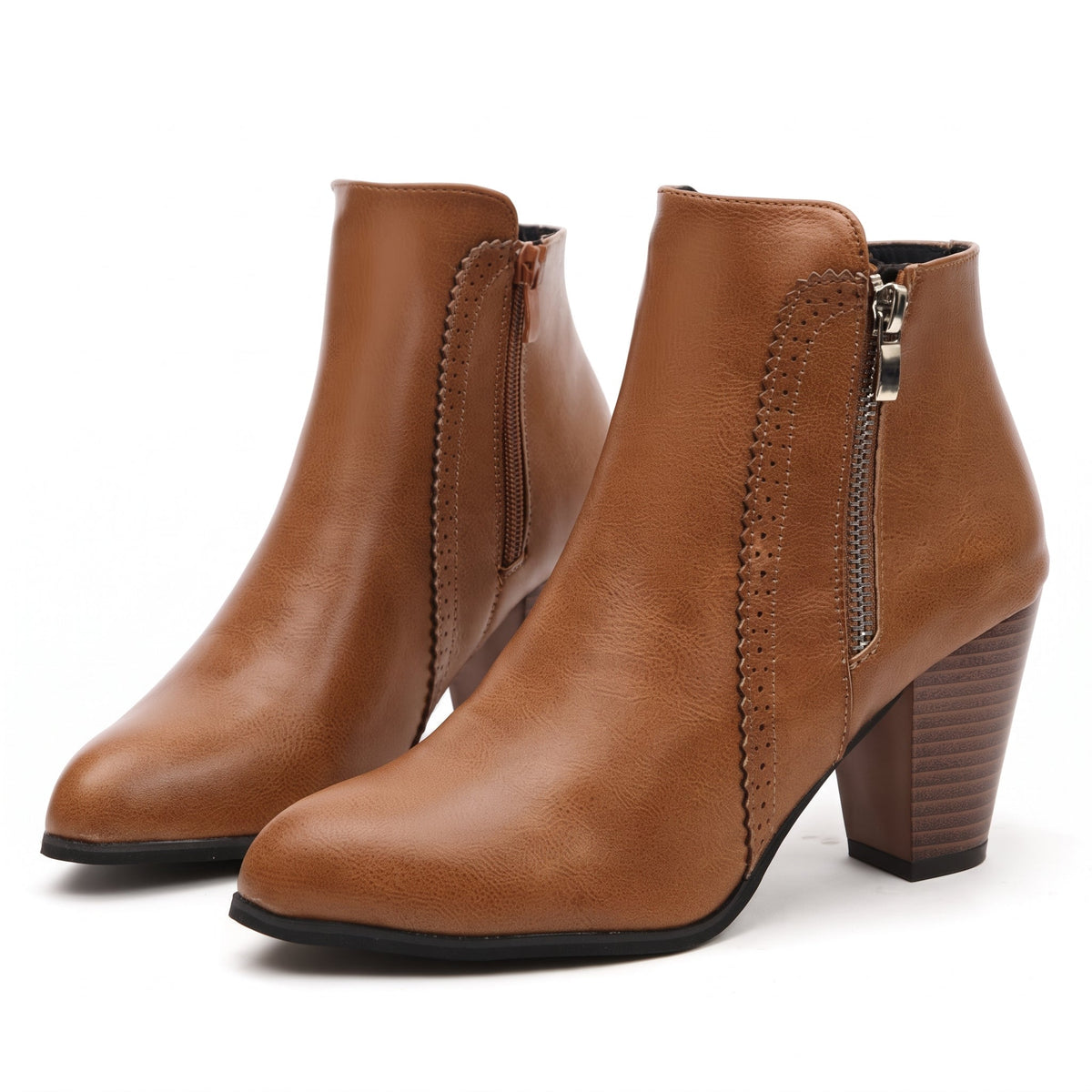 Lena Womens Ankle Boots with Side Zip and 1.6 Inch Block Heel in Brown