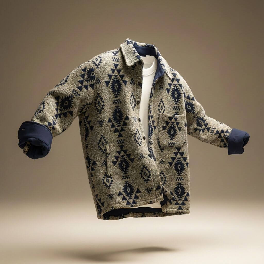 Weston Mens Southwestern Pattern Wool Blend Jacket in Beige Navy