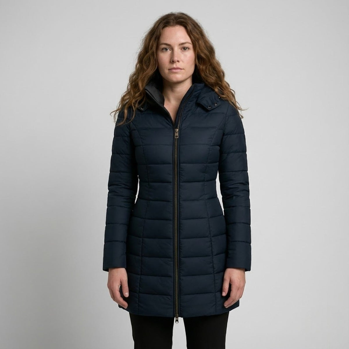 Liora Womens Long Puffer Coat, Quilted in Navy