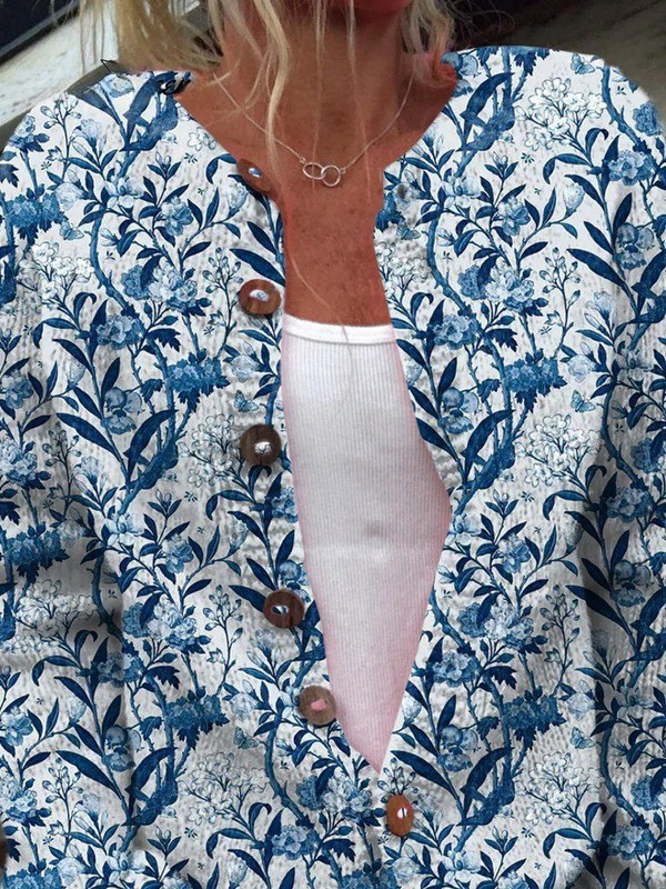 Lorwen | Women's Floral Button-Front Cardigan — Blue and White Bird & Bloom Print Layer | Westmere