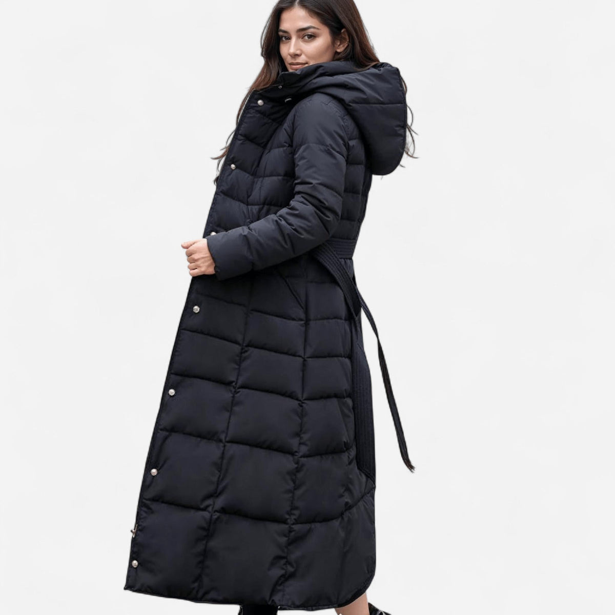 Molly Womens Long Puffer Coat with Faux Fur Hood in Black