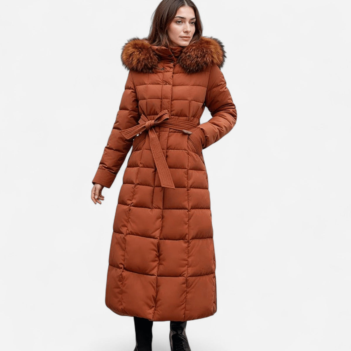 Molly Womens Long Puffer Coat with Faux Fur Hood in Caramel