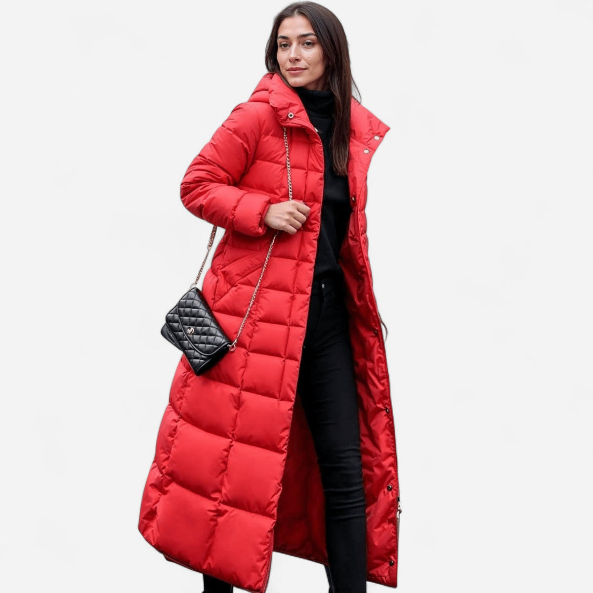 Molly Womens Long Puffer Coat with Faux Fur Hood in Red